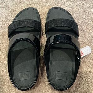 Fitflop Lulu Superglitz Slide Black Size 10. NWT.